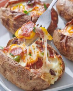 Stuffed baked potato comes with fries,